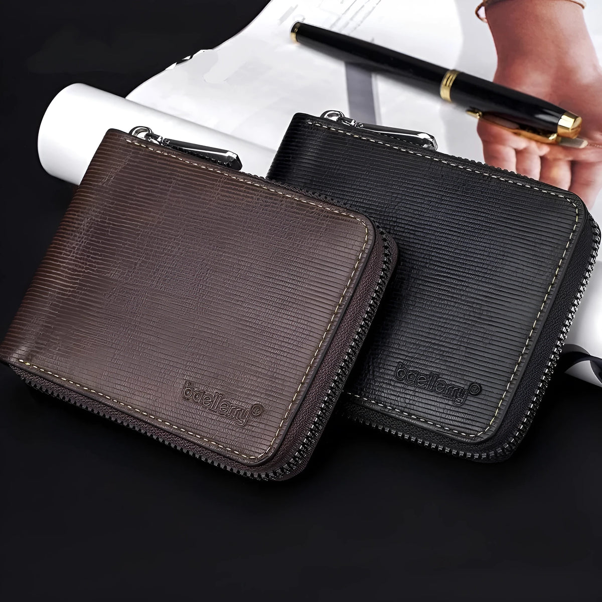 Black leather anti-theft credit card wallet with zipper closure and embossed pattern
