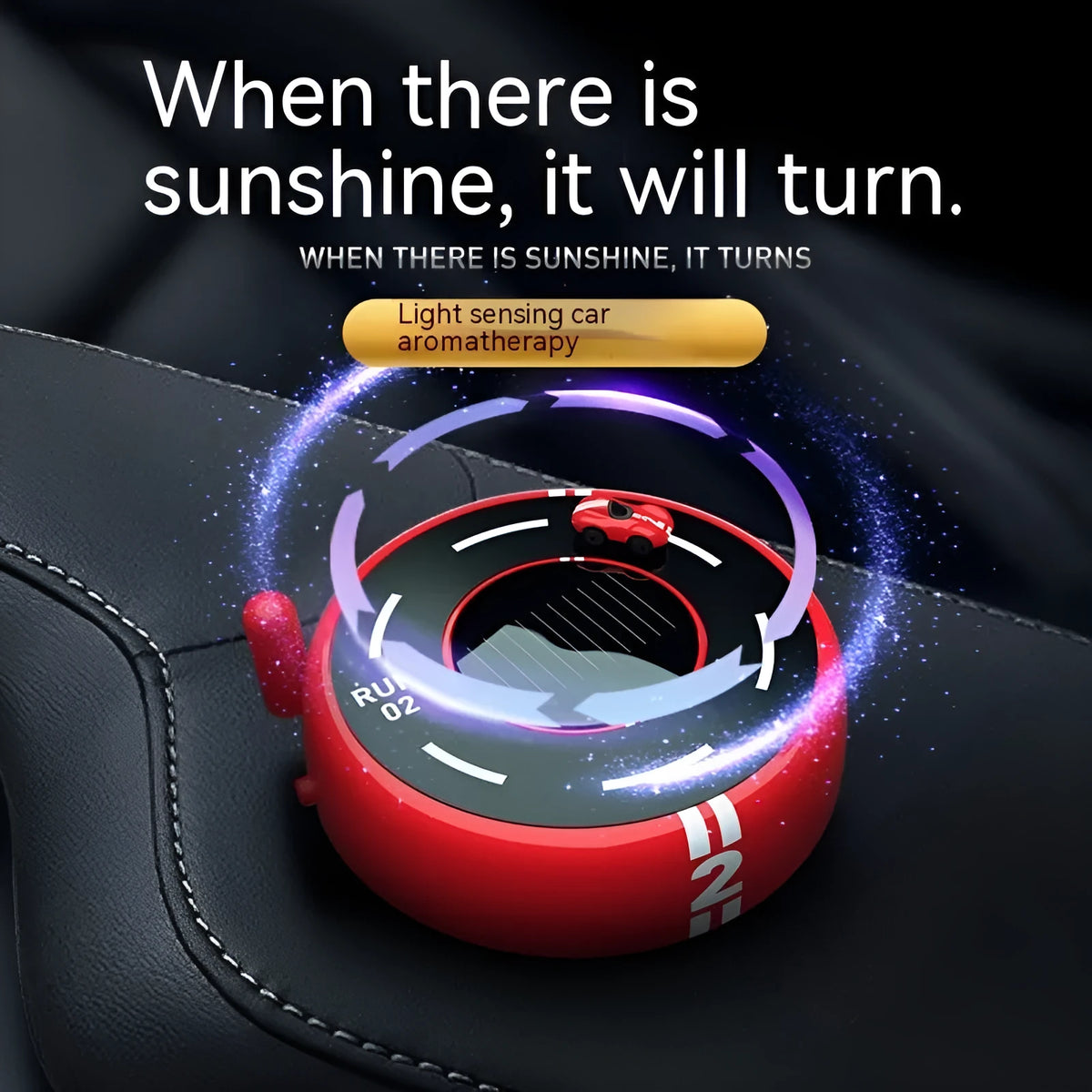 Solar car fragrance decoration with modern round design for vehicle dashboard placement