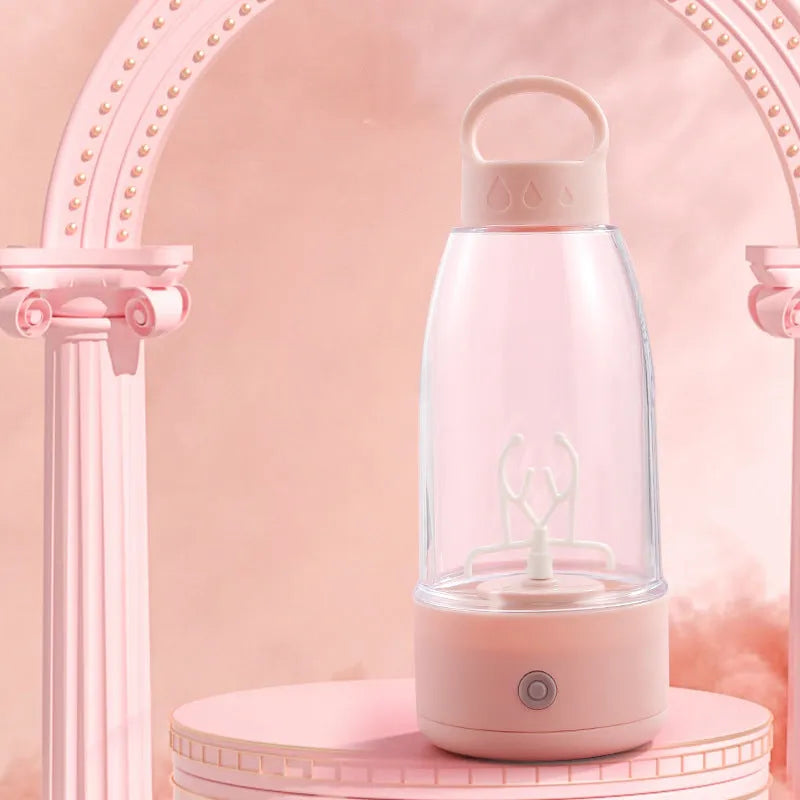 Electric shaker bottle with USB charging port and handle in green, pink or white colours