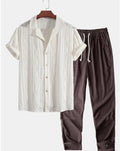 Men's loose short sleeve shirt and trousers suit in milk silk polyester for summer leisure