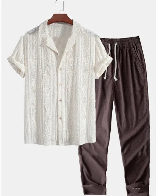 Men's loose short sleeve shirt and trousers suit in milk silk polyester for summer leisure