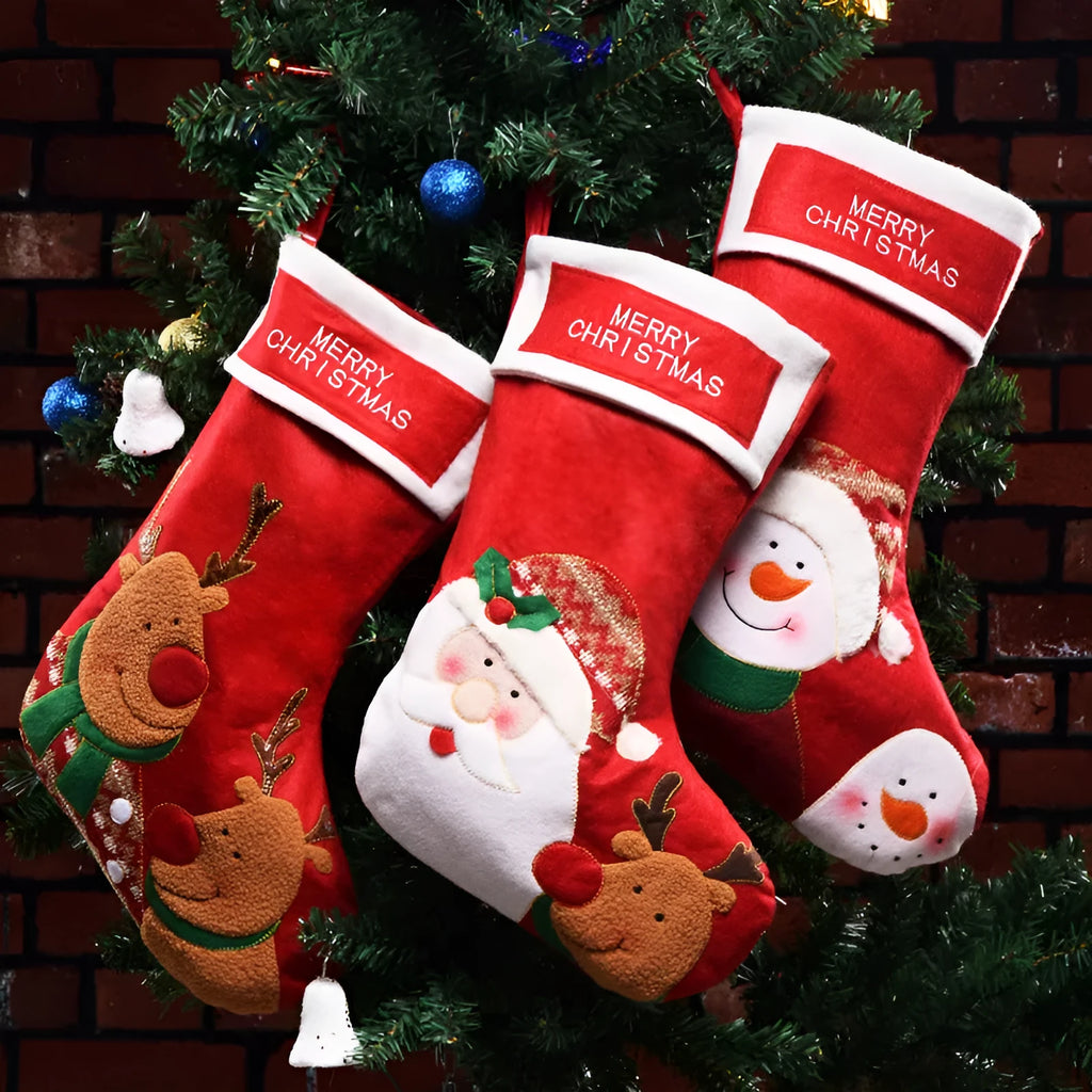 Non-woven fabric Christmas sock decorations in elk, elderly gentleman and snowman designs with hanging ribbon