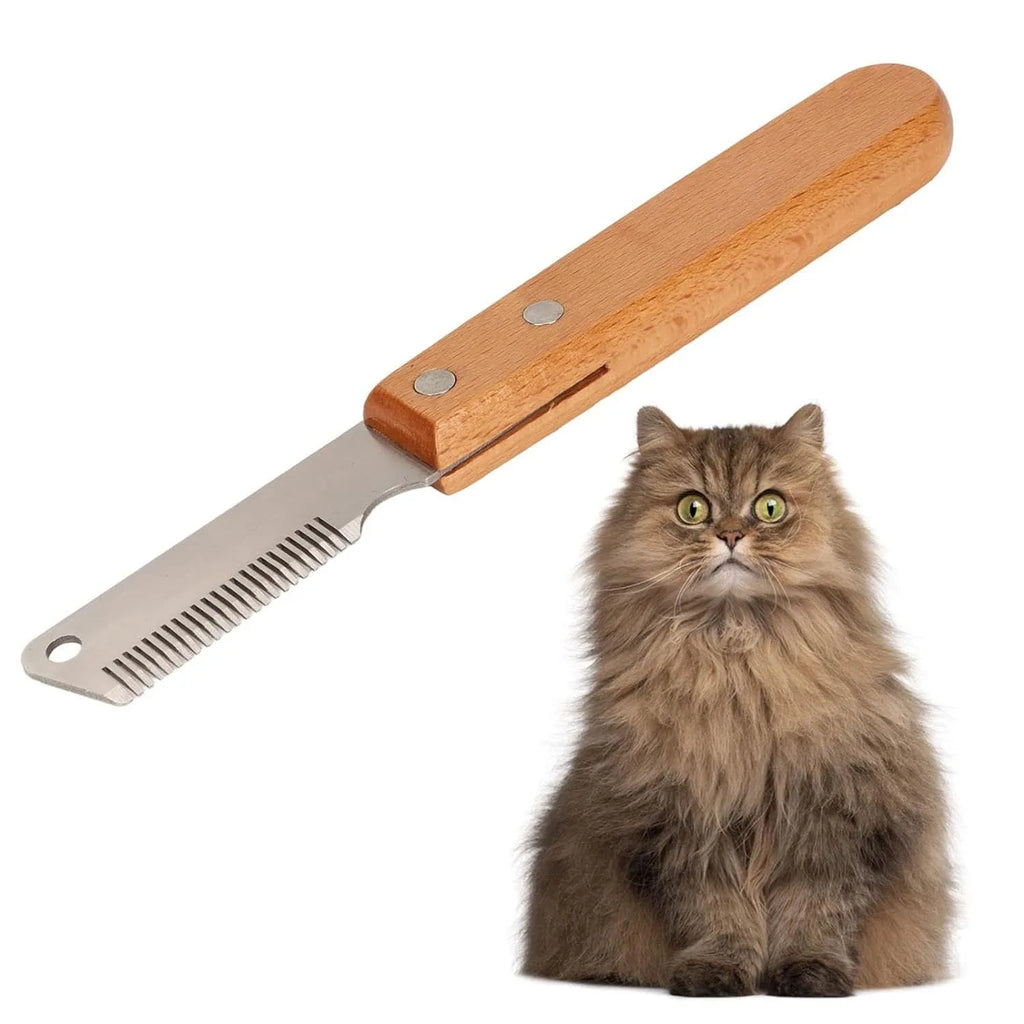 Pet stripping comb with wood handle and metal teeth for grooming cats and dogs.