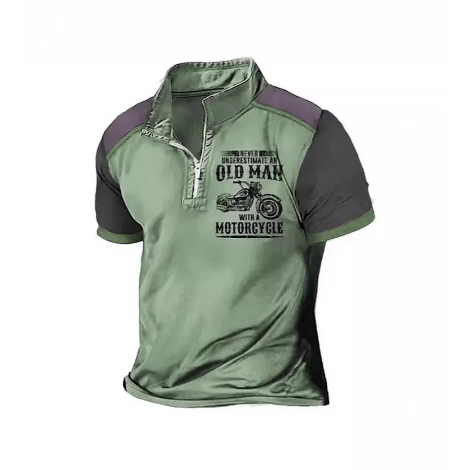 Men's short sleeve polo shirt with digital letter pattern and zipper decoration in polyester fabric
