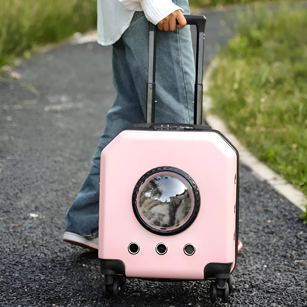 Hard PVC pet flight trolley case in solid colour with wheels and luggage compartment