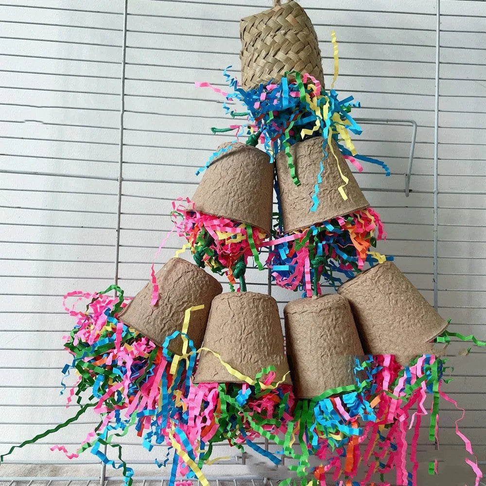 Parrot paper cup weaving gnawing toy with palm fibre construction hanging from cage