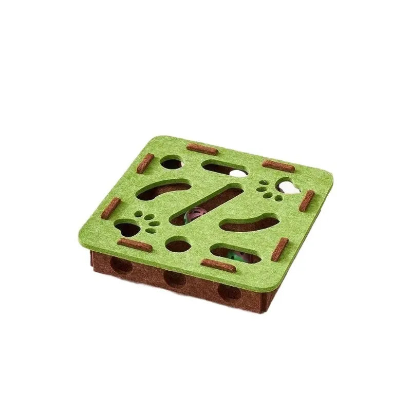Felt cat toy box with hole in green brown or camel white measuring 30x30x7.5cm for pet play