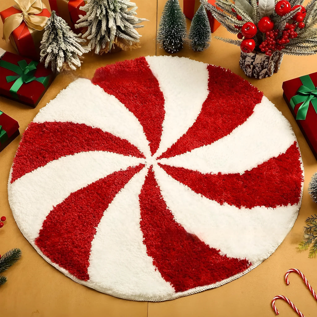 Printed round Christmas carpet on floor in red and green festive design.