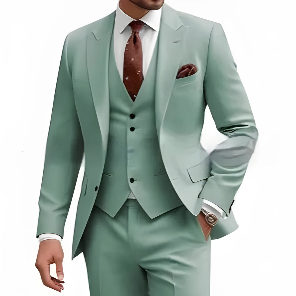 Men's slim fit three-piece suit in a choice of colours including bright red, champagne, and dark purple.