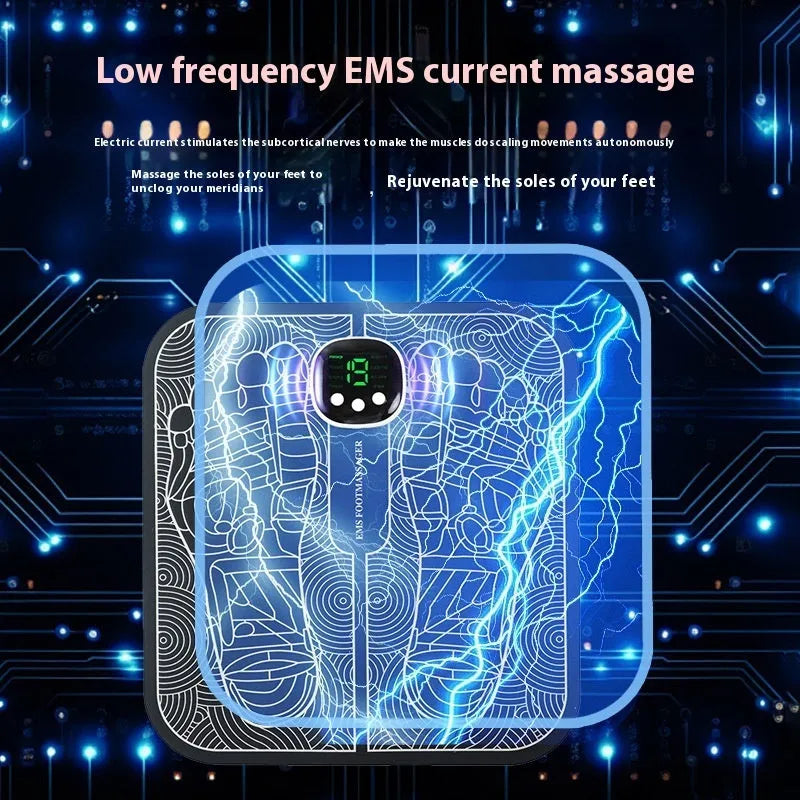 Blue rechargeable foot reflexology massage mat with remote control and USB cable