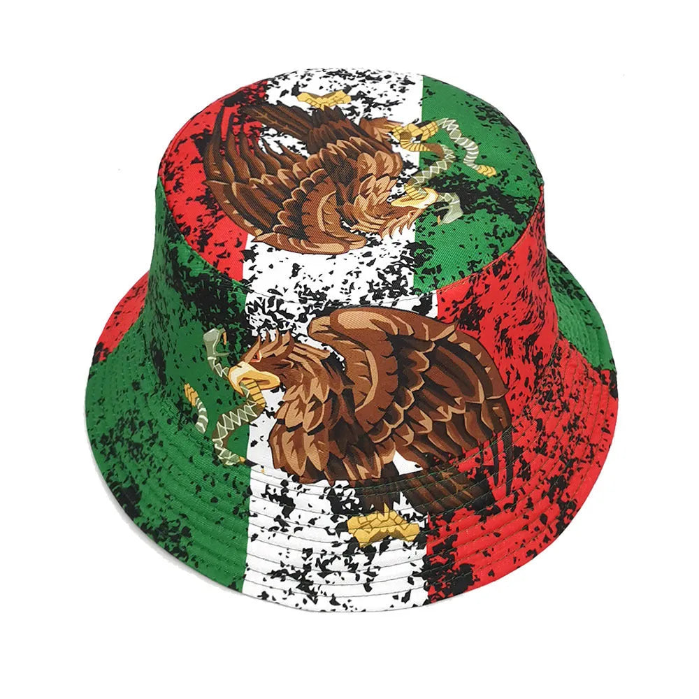 Polyester bucket hat with eagle pattern design and dome crown shape