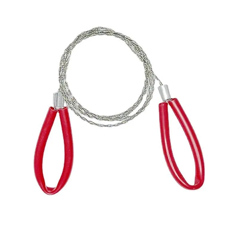 Black and red portable steel wire survival saw with leather carrying case, shown extended to its 70cm length.