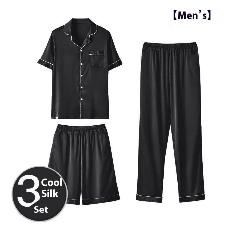 Men's ice silk three-piece homewear set in a thin fabric, showing the suit, shorts, and trousers in multiple colour options.