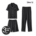 Men's ice silk three-piece homewear set in a thin fabric, showing the suit, shorts, and trousers in multiple colour options.