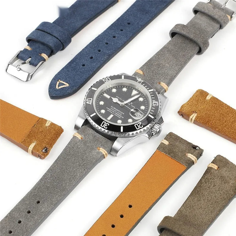 Suede genuine leather small waist watch strap in brown, blue, gray, Army Green for 20mm 22mm watches.