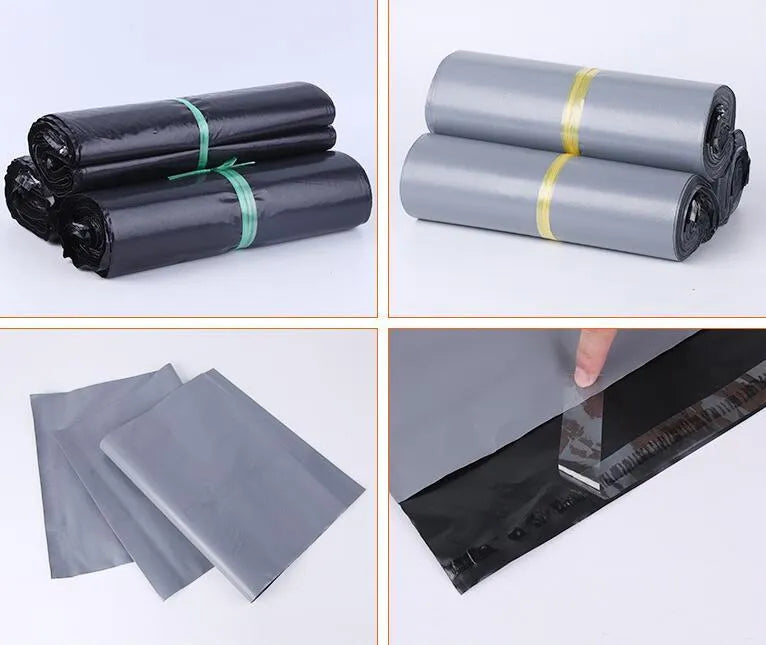 Clear plastic courier bag for clothing with self-adhesive sticker seal, shown in multiple sizes.