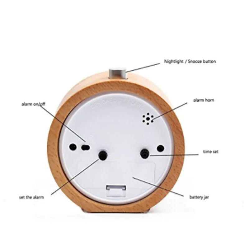 Solid beech wood student alarm clock showing 4-inch size and wooden construction