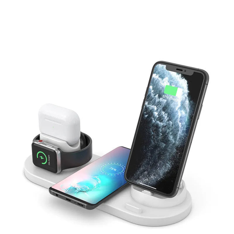 Black and white multifunctional wireless charging mobile phone holder with multiple device charging areas