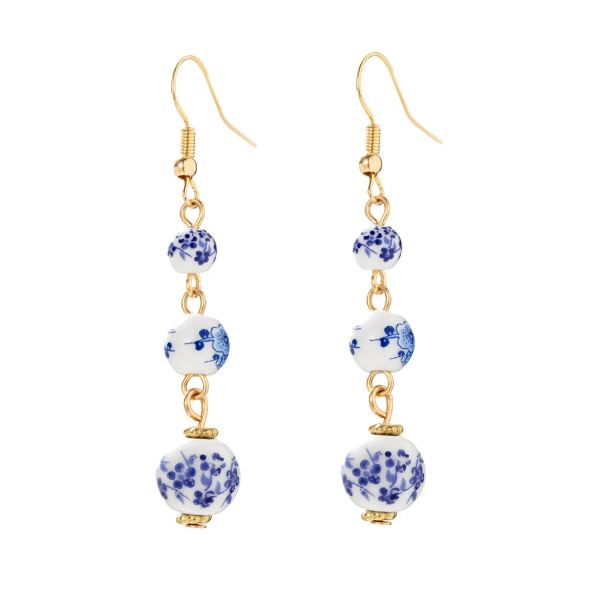 Blue and white porcelain ceramic bead long retro earrings with alloy electroplated findings