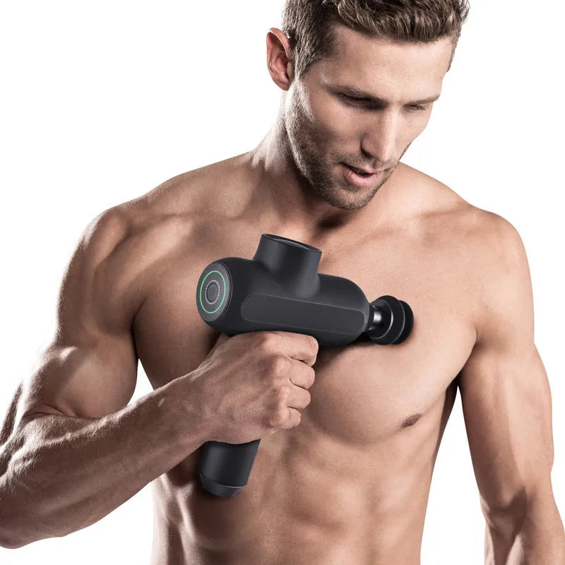 Rechargeable electric muscle massager with six interchangeable massage heads and adjustable intensity settings