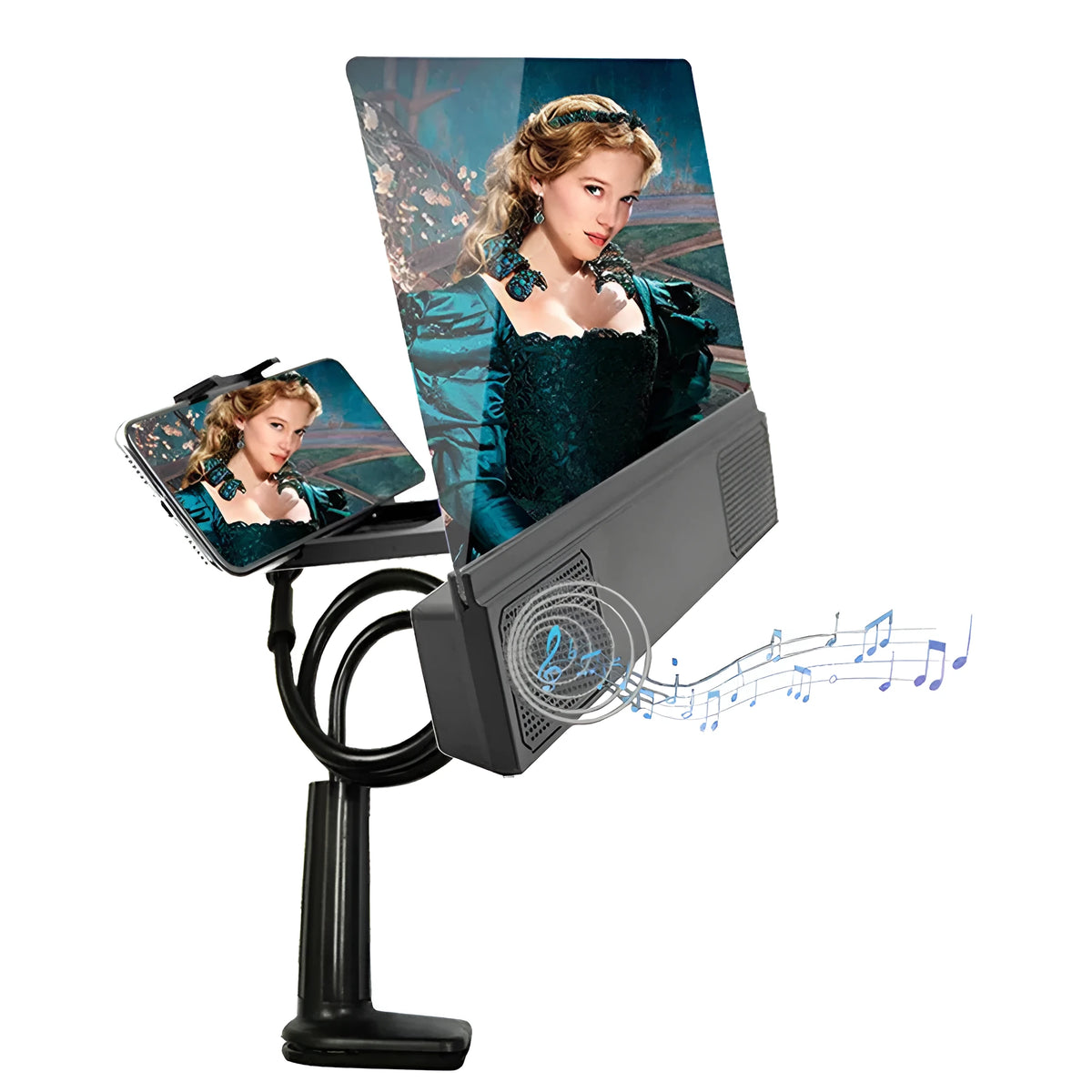 12-inch mobile phone screen amplifier with flexible gooseneck on a table next to a smartphone