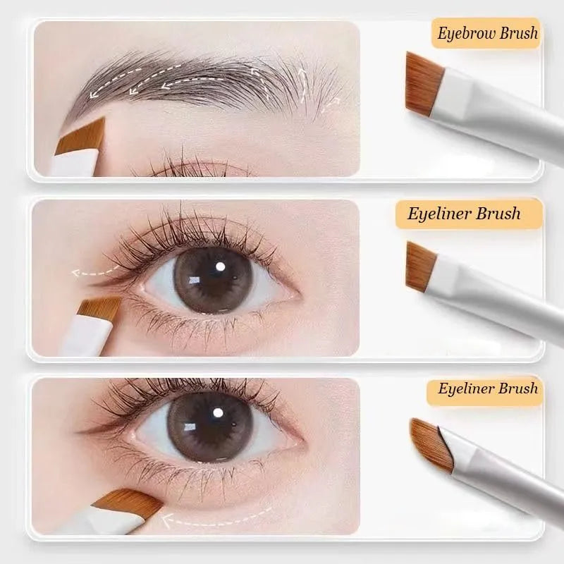 Four angled eyeliner and brow makeup brushes with fine bristles inside a leather case.