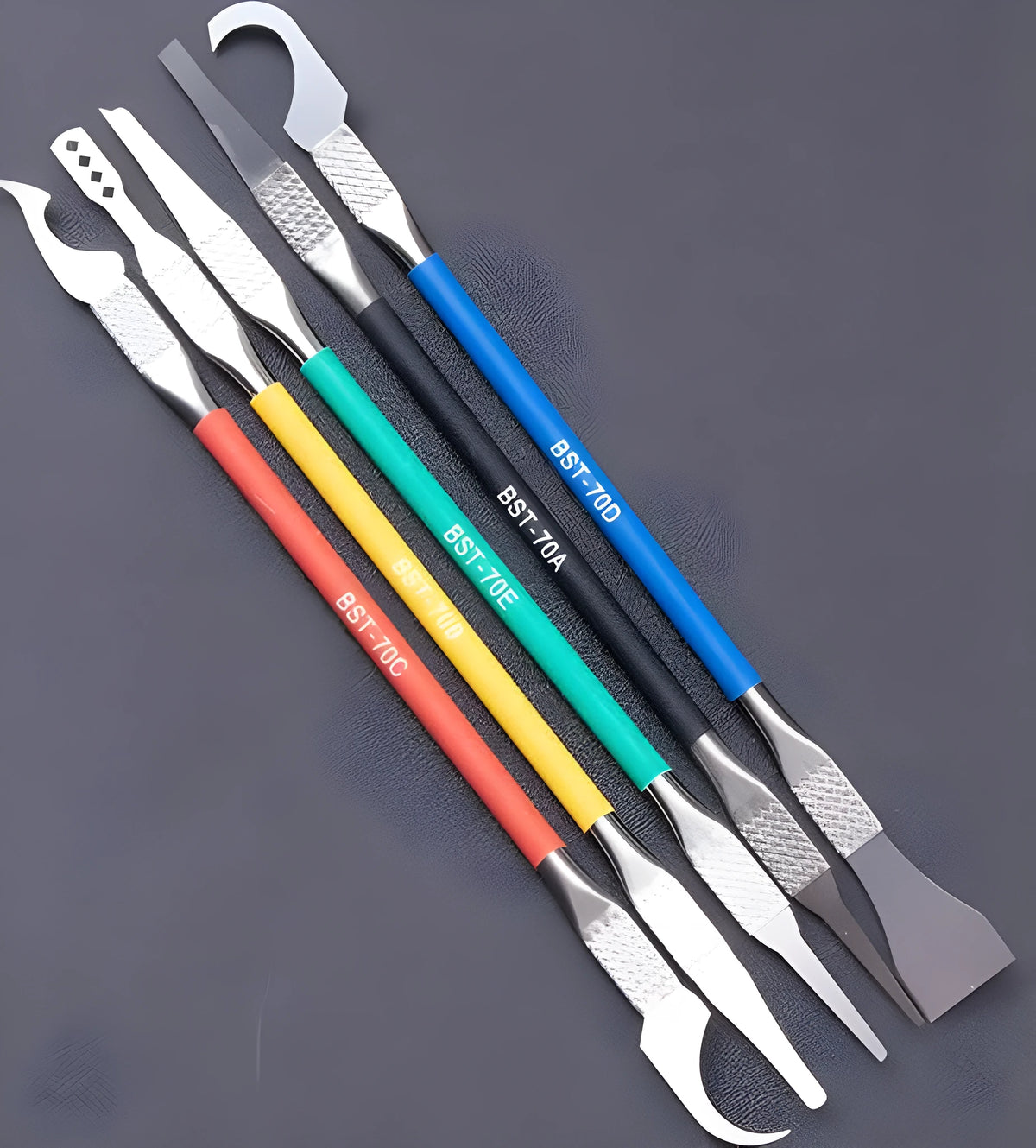 Five piece stainless steel plastic disassembly tool set with 0.07mm blades for precision work