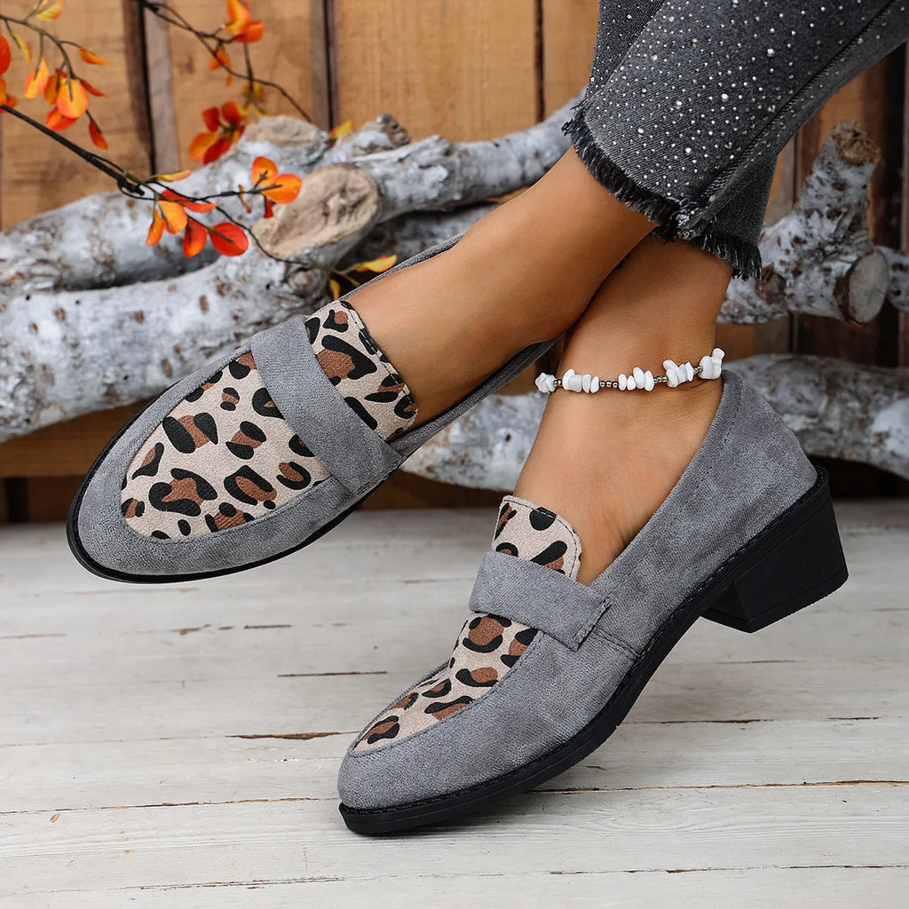 Brown leopard print slip-on suede shoe with chunky mid heel and pointed toe