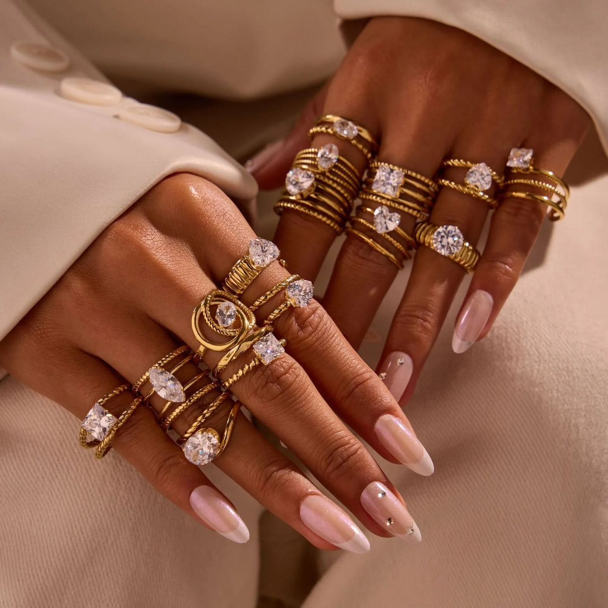 Open mouth stainless steel ring with gold plating and zircon geometric detailing
