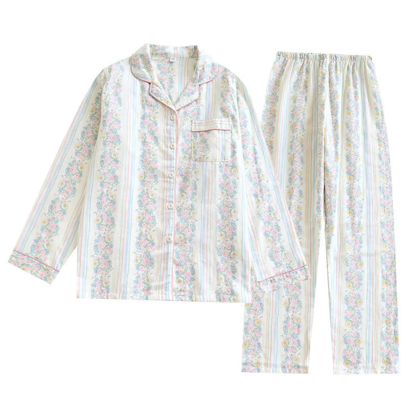 Women's cotton gauze long sleeve top and trousers homewear set in a stripes or fruit pattern.