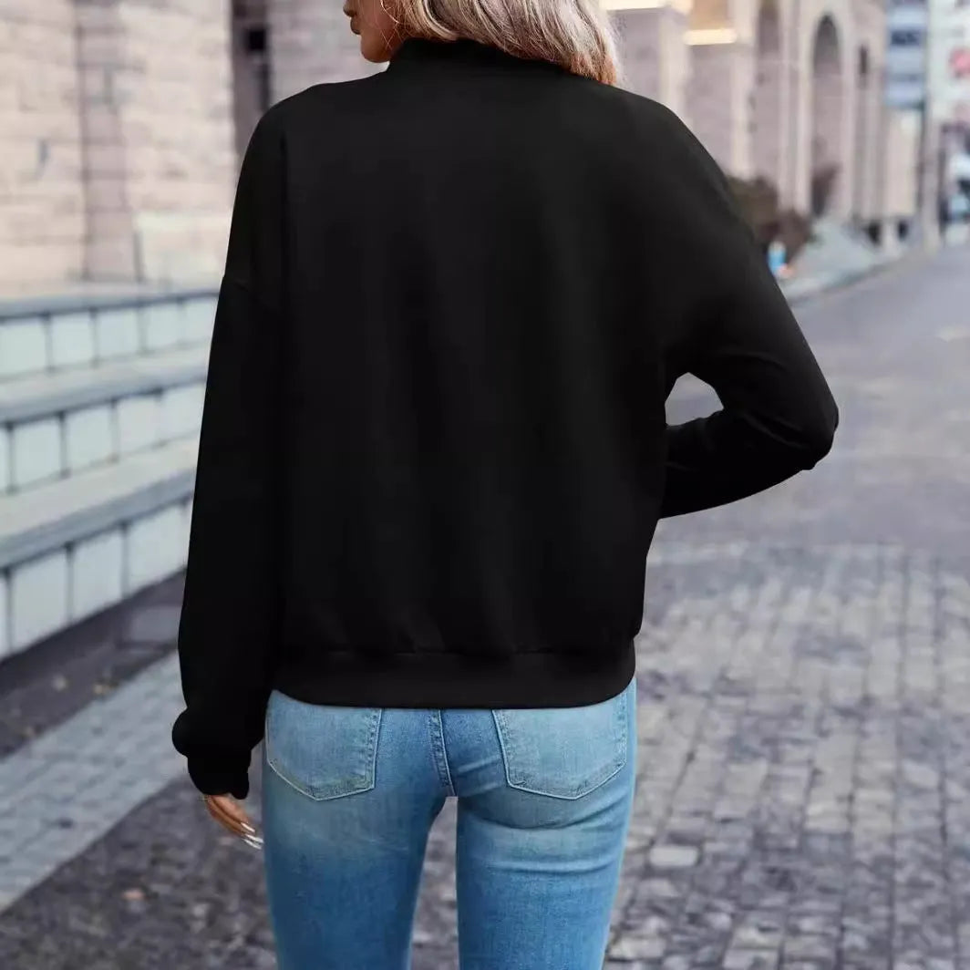 Black women's zip jacket with faux pockets and long sleeves for autumn winter wear