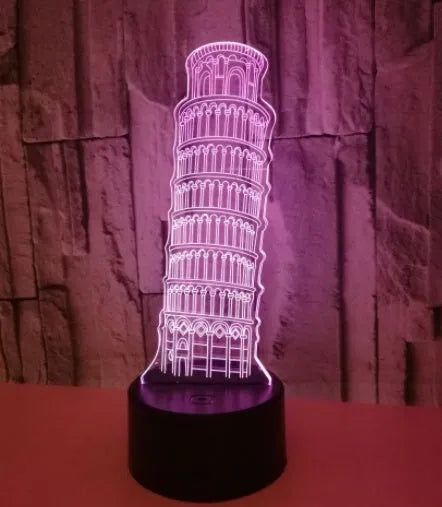 3D Leaning Tower of Pisa acrylic nightlight glowing in blue with remote control