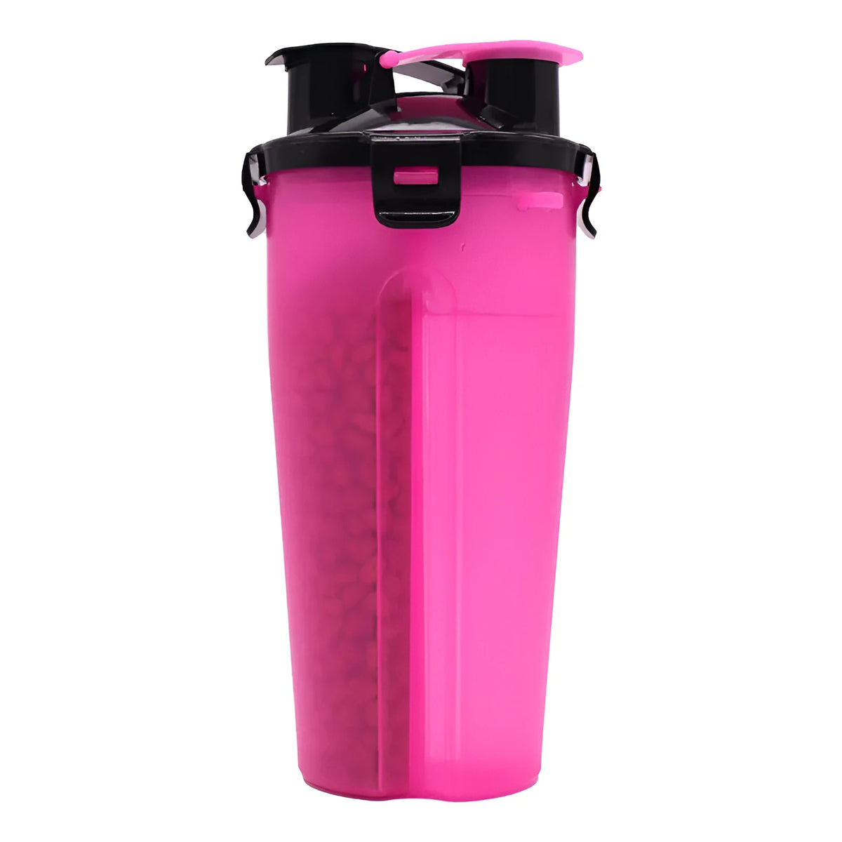 Portable pet water cup showing 350ml water bottle with 250g food container in multiple colour options
