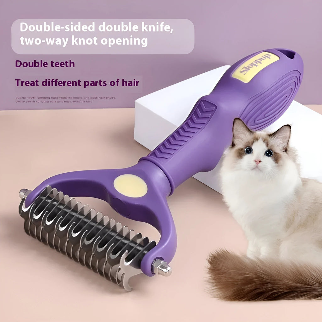 Purple plastic double-sided pet comb for detangling and grooming dog fur.