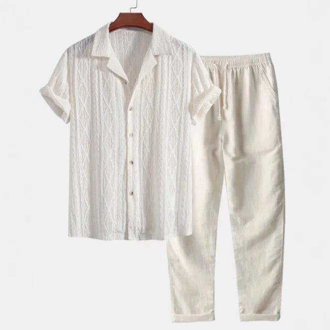 Men's slim fit linen casual suit with camouflage printed short sleeve shirt and trousers.