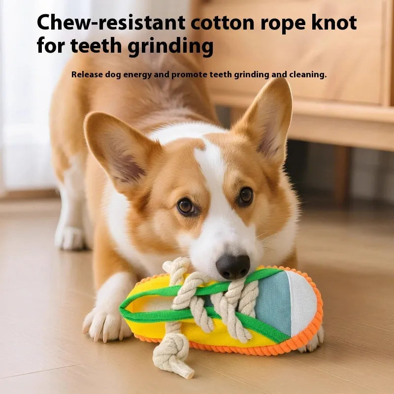Plastic sound slippers dog chew toy in yellow with flexible bendable design
