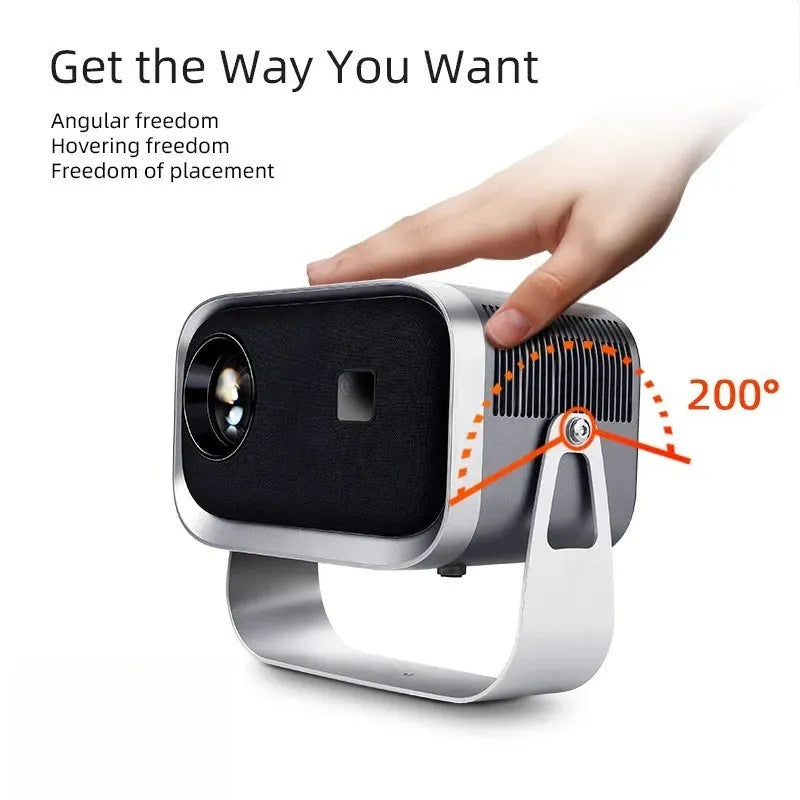 White portable Android projector showing mobile phone projection with 1080p resolution display
