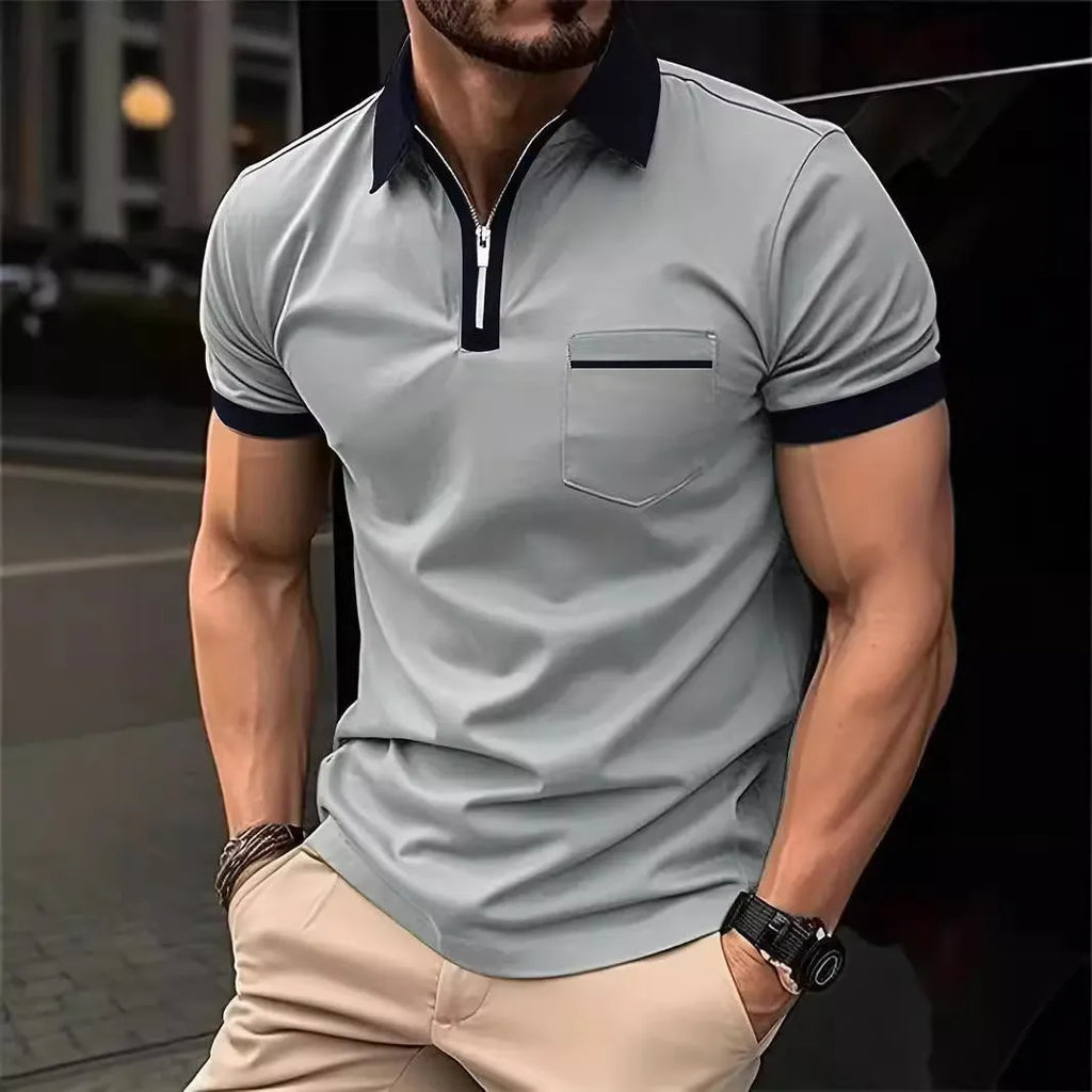 Men's loose fit short sleeve casual shirt with chest pocket and front zipper decoration.