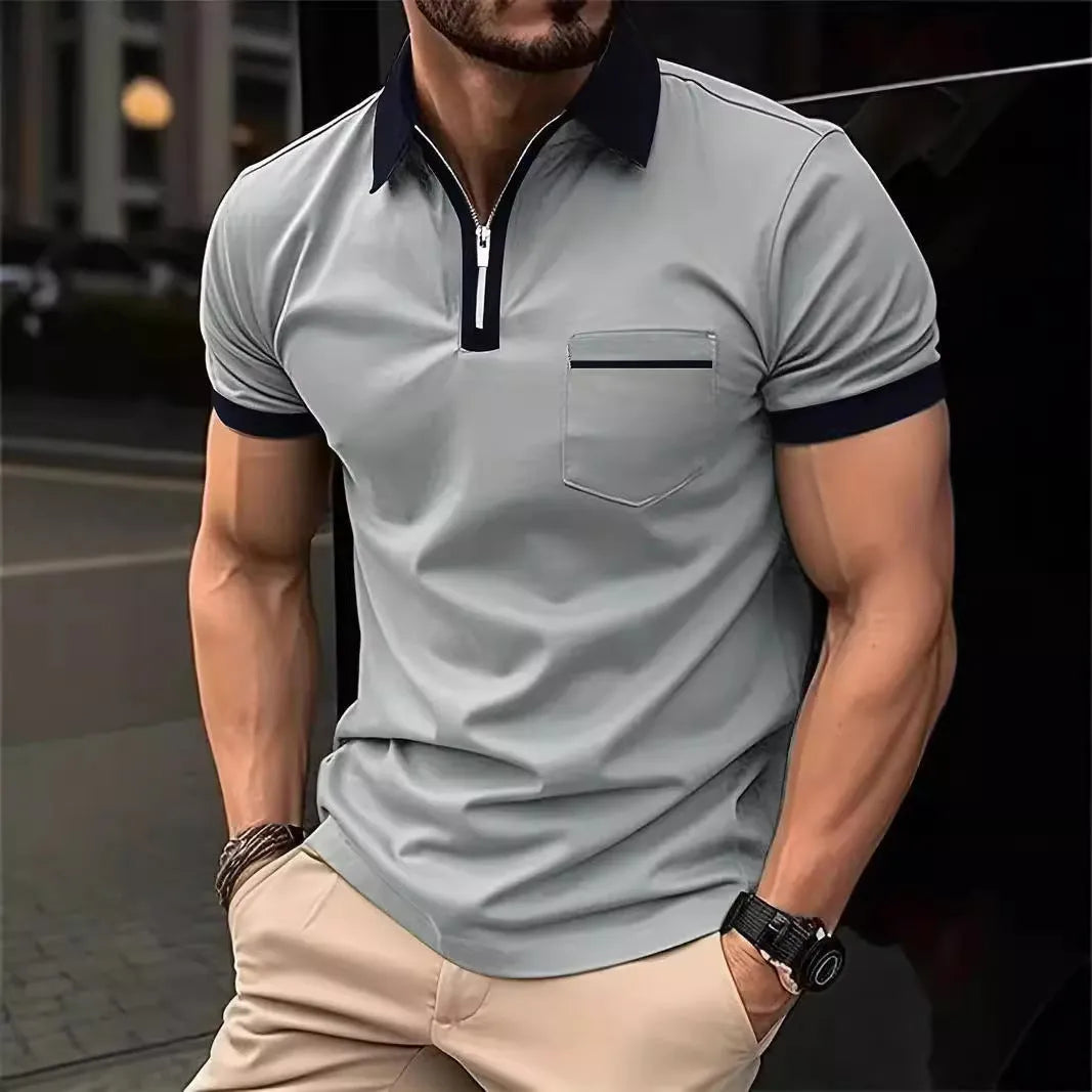 Men's loose fit short sleeve casual shirt with chest pocket and front zipper decoration.