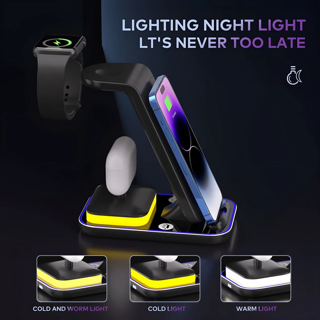 Black vertical wireless charger with phone charging in upright position on desk