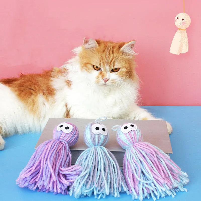 Interactive cat toy with wool ball, bite-resistant ball, and teaser stick measuring 10cm by 13cm