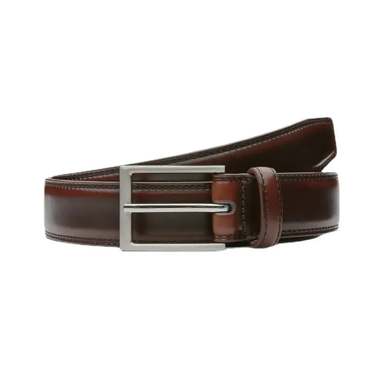 Men's brown genuine leather belt with an alloy buckle and textured 95 grain pattern.