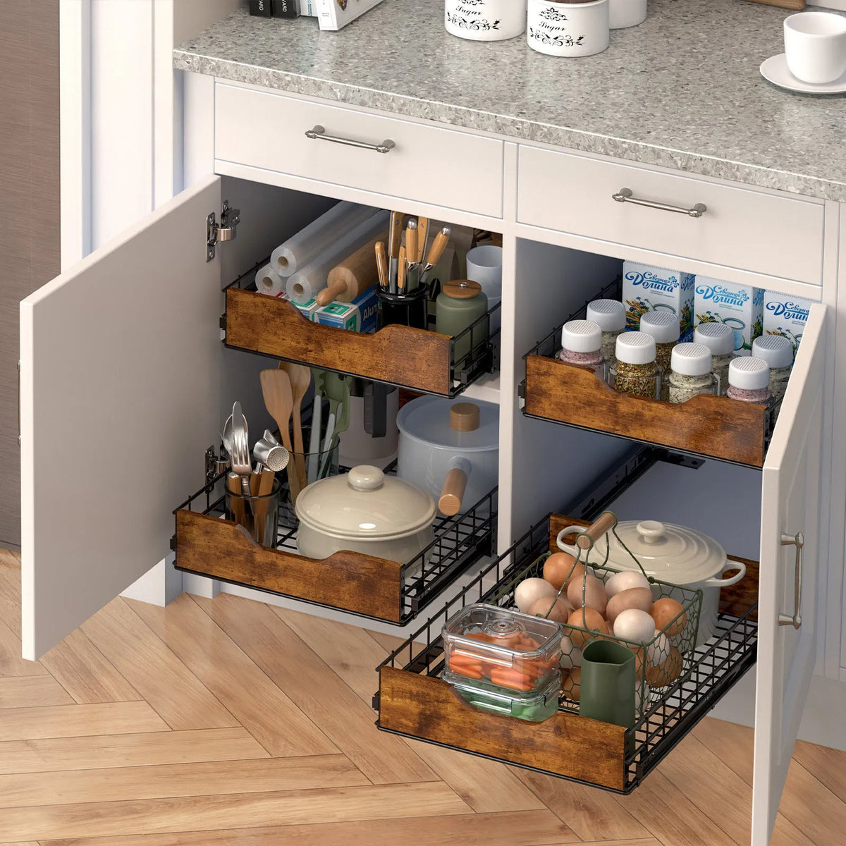 Black wood and iron pull basket storage drawer for kitchen organisation