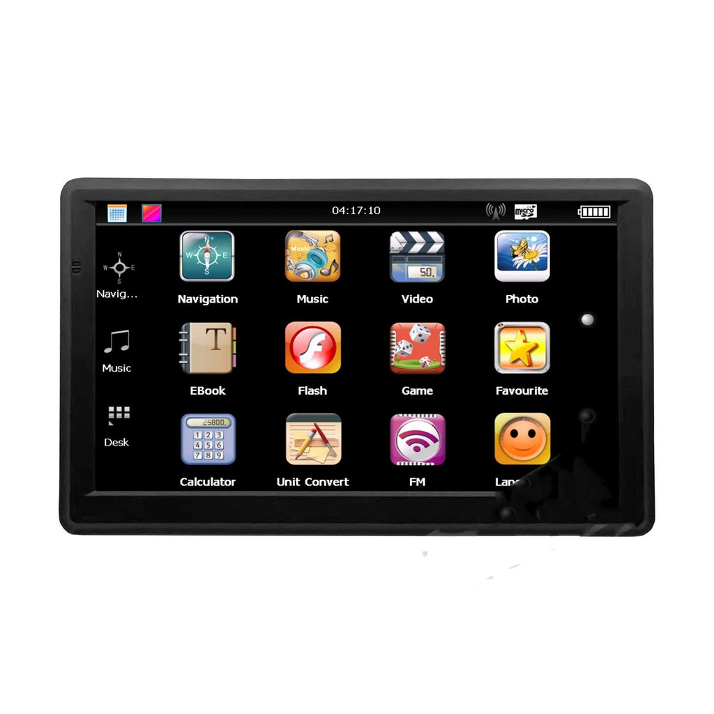 7-inch car GPS navigation device with touchscreen displayed on car dashboard with mounting bracket