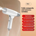 Blue and white handheld garment steamer with water tank and nozzle.