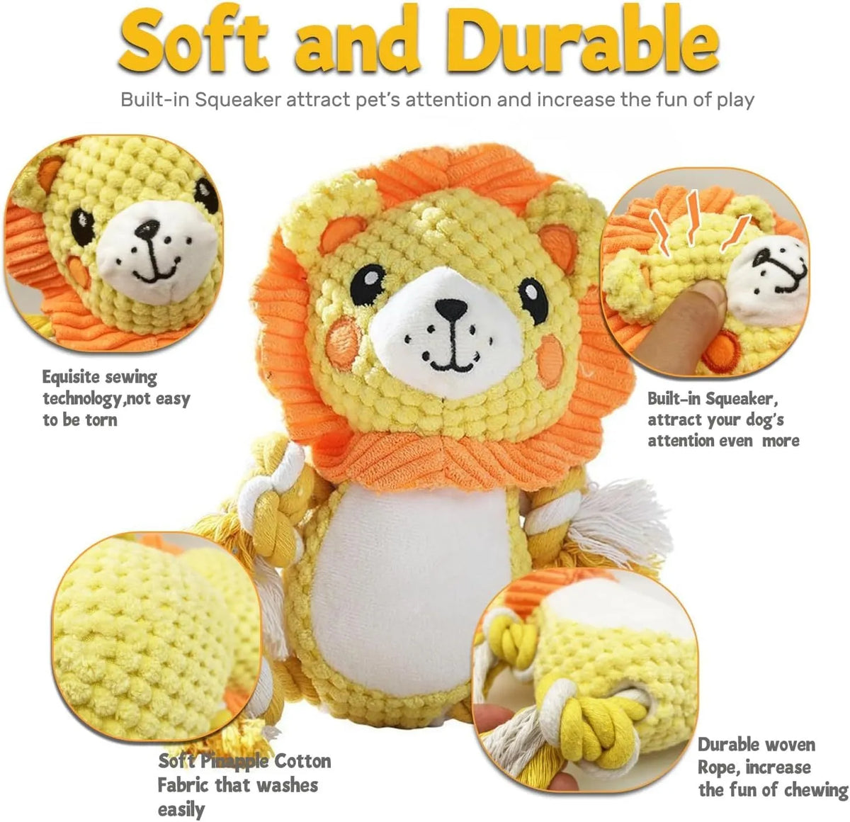 Lion and monkey soft plush squeaky dog toys side by side