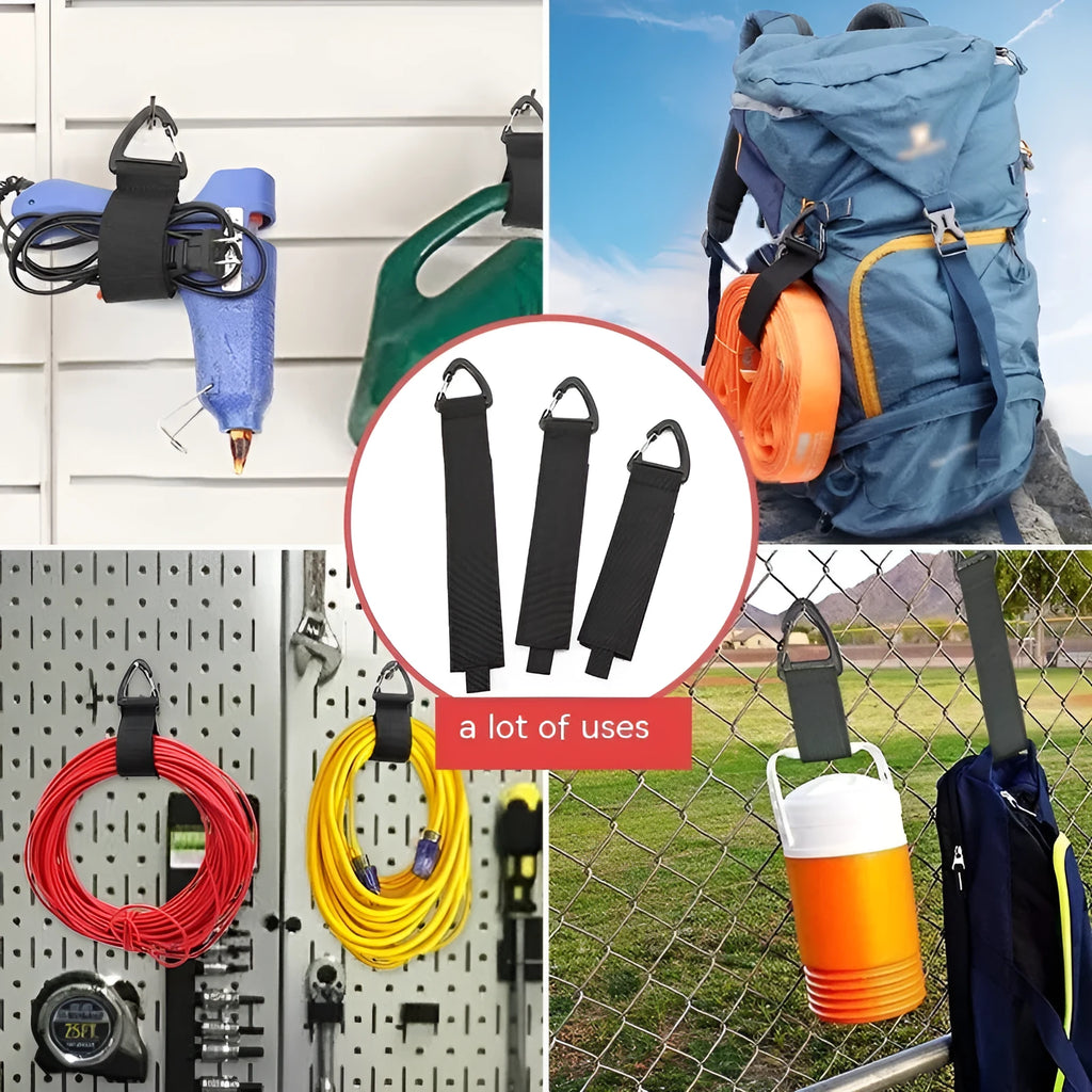 Black heavy gravity climbing storage strap with carabiner hook shown extended vertically
