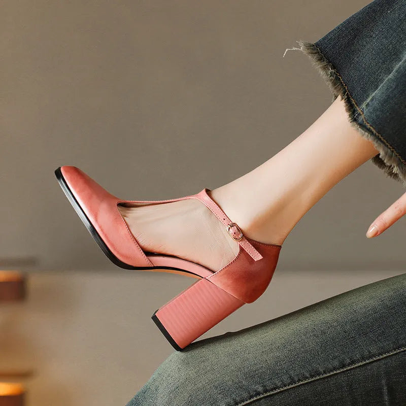 Baotou women's retro Mary Jane high heels with pointed toe and buckle in pink and dark brown.