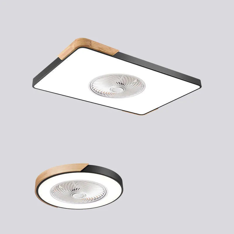 Nordic style ceiling fan and light fixture with solid wood mounting base on a white ceiling