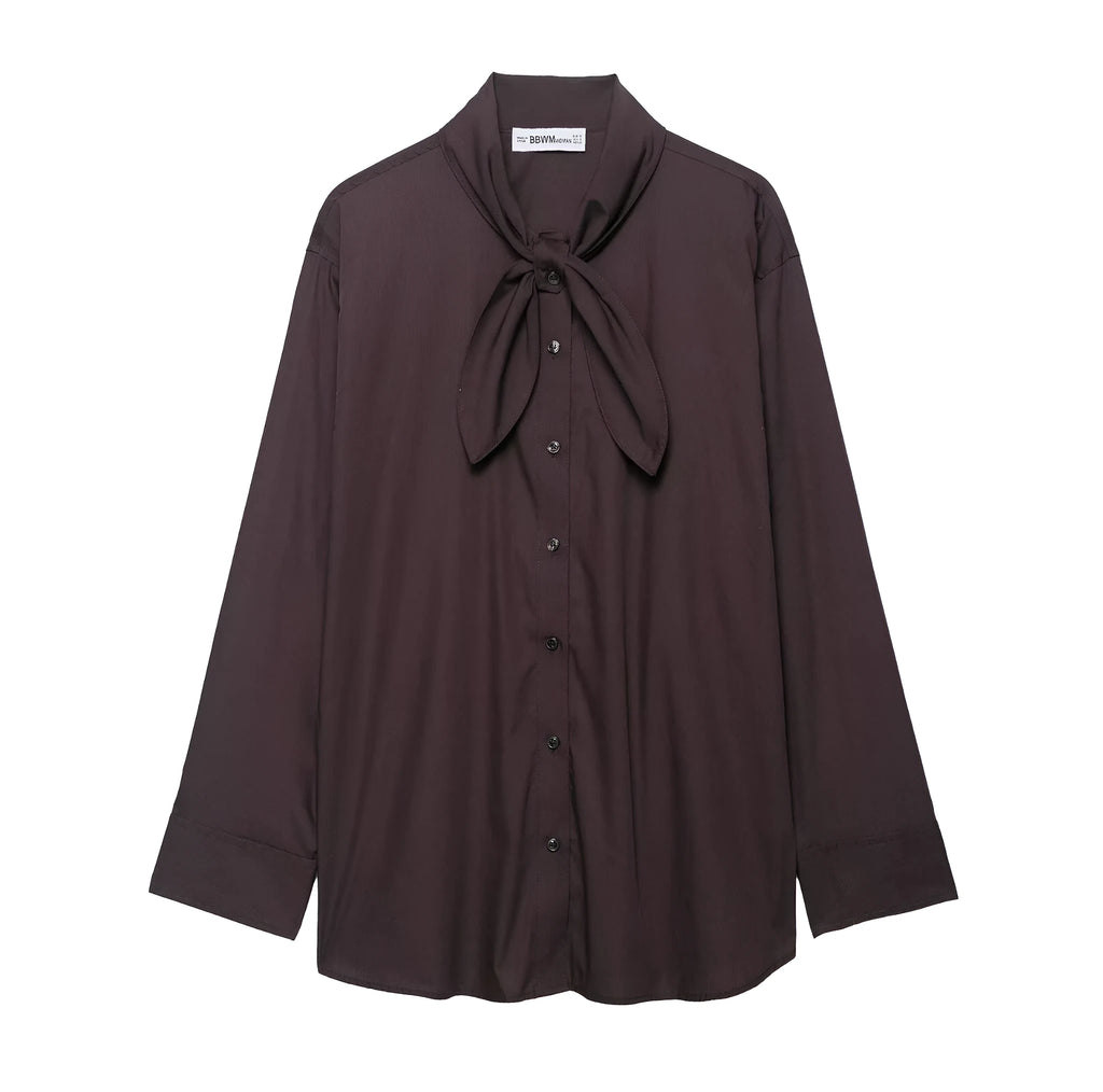 Brown women's poplin shirt with scarf bow tie detail and loose fit design